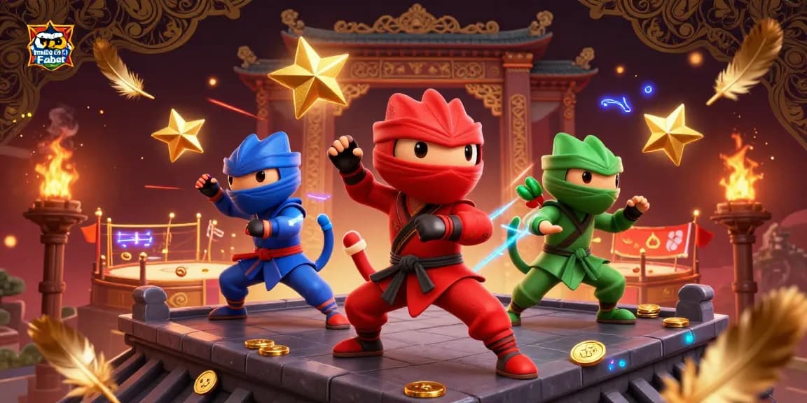 Engaging illustration of trang chủ Fabet featuring ninja chameleons in action-packed poses amid casino elements.