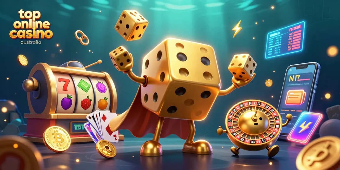 Explore the vibrant scene of the top online casino Australia, featuring golden dice and slot elements.