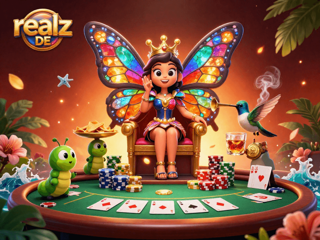 Spiele mit realz DE am Poker-Tisch, umgeben von schillernden Casino-Elementen.
