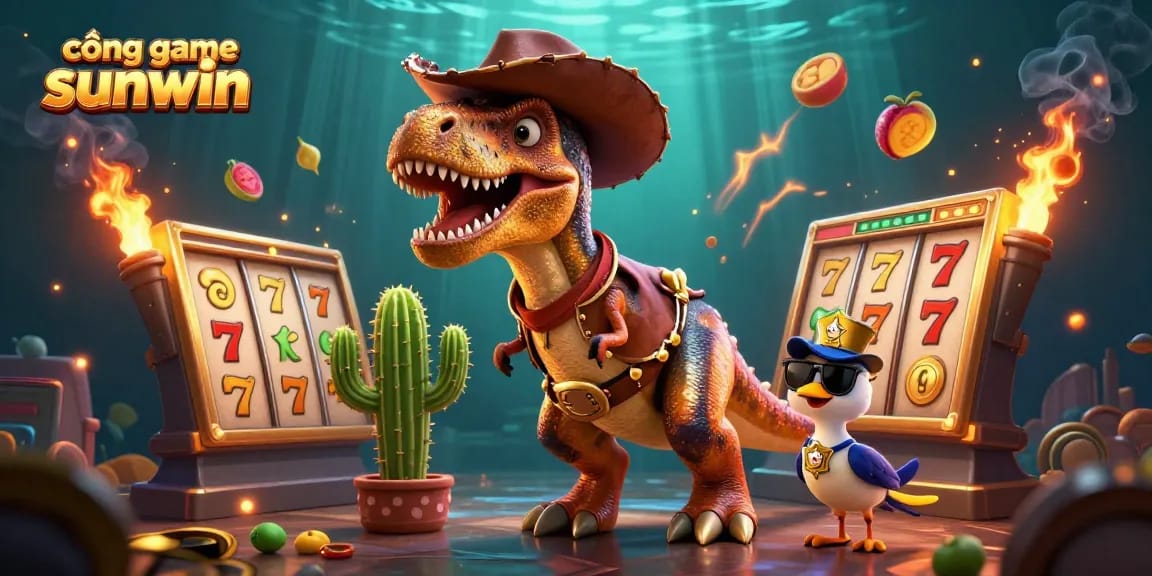 Experience the thrill of cổng game sunwin with a dynamic 3D illustration featuring a cowboy dinosaur and slot reels.