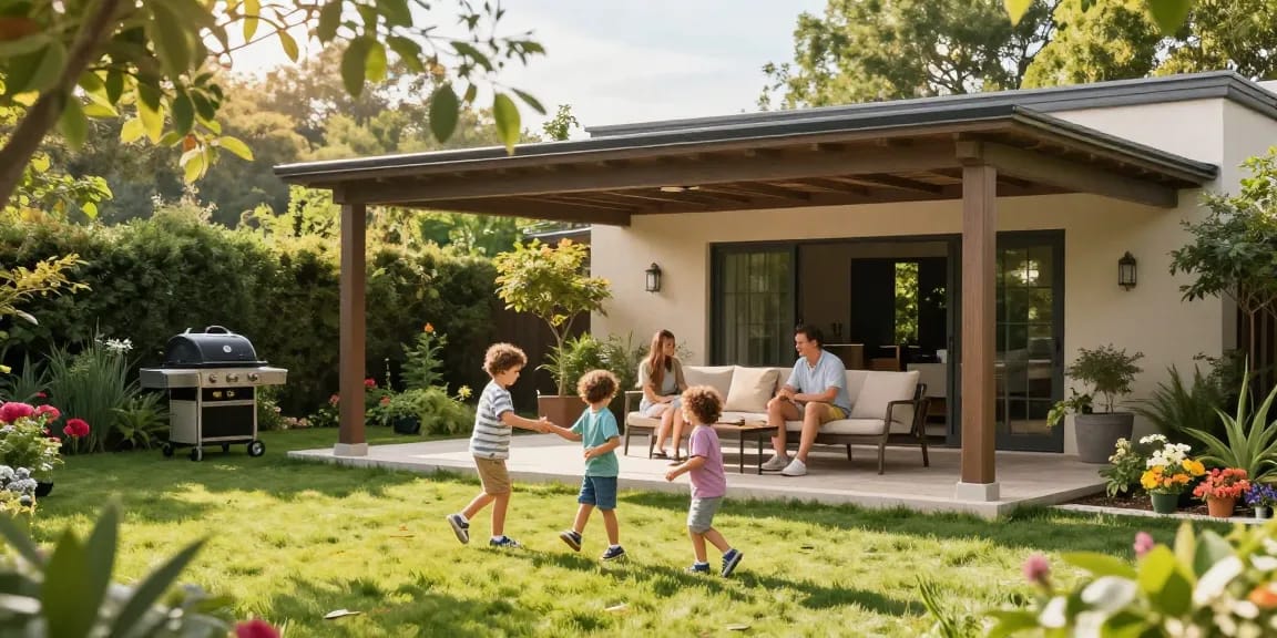 Freistehende Terrassenüberdachung im Garten, Familie genießt sonnigen Nachmittag.