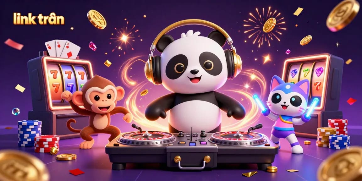 Spin to win with link trần in this vibrant casino celebration featuring party characters.