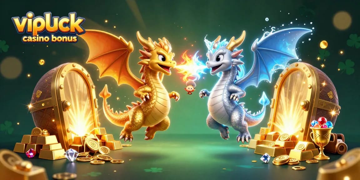 Erleben Sie den VIPLuck Casino Bonus mit fantastischen Drachen und reichen Schätzen.