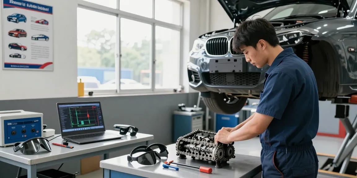 Professionelles Wechseln der BMW Steuerkette in einer Werkstatt für perfekten Motorbetrieb.