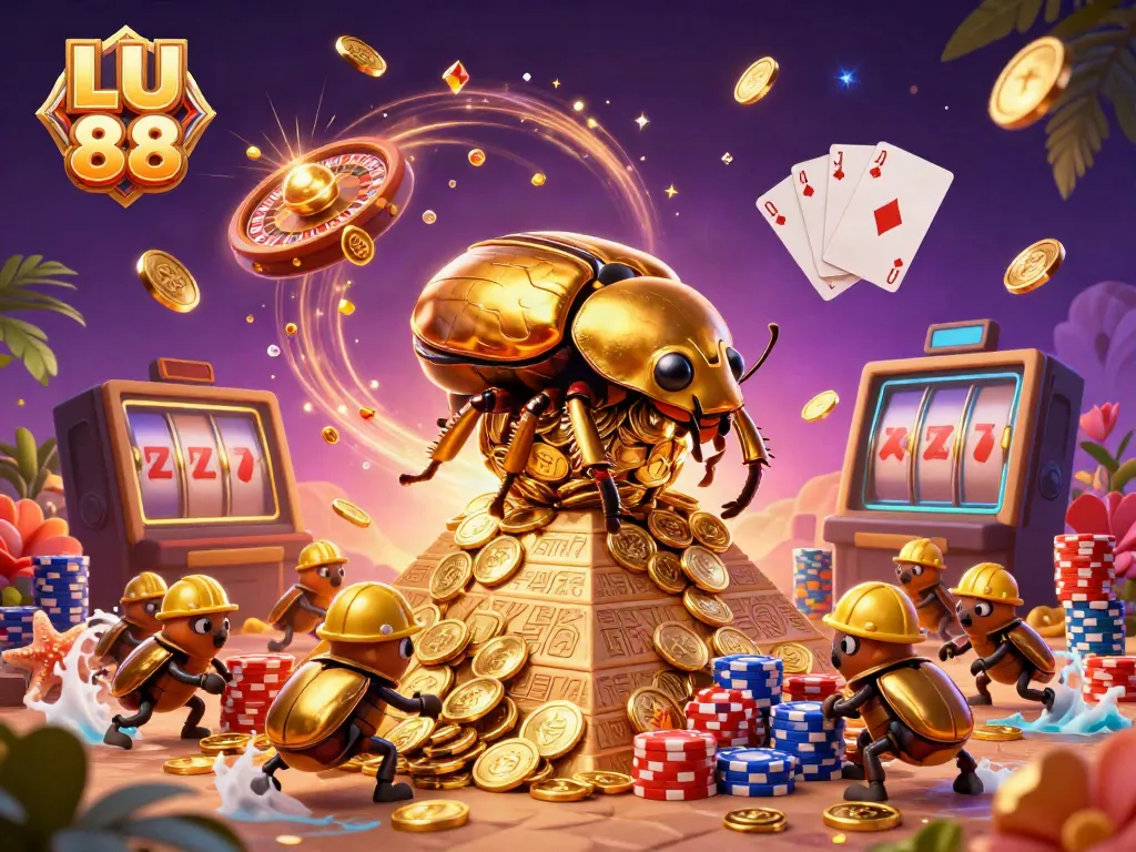 Experience thrilling wins with LU 88 as the golden dung beetle rolls coins in a vibrant casino scene.