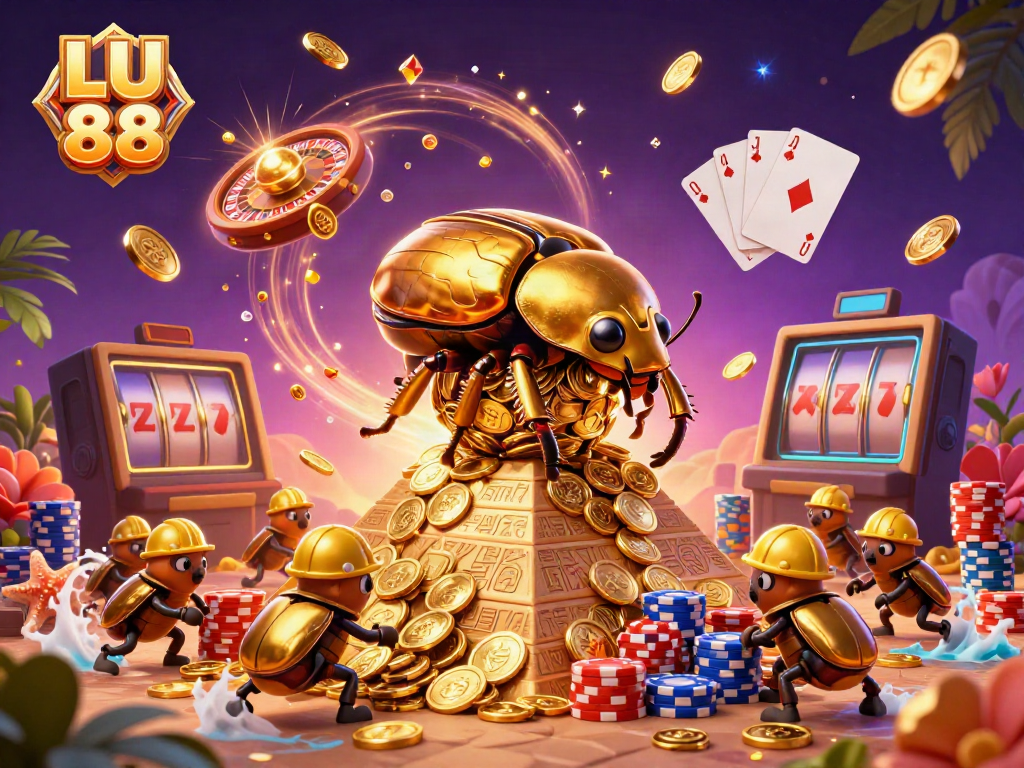 Experience thrilling wins with LU 88 as the golden dung beetle rolls coins in a vibrant casino scene.