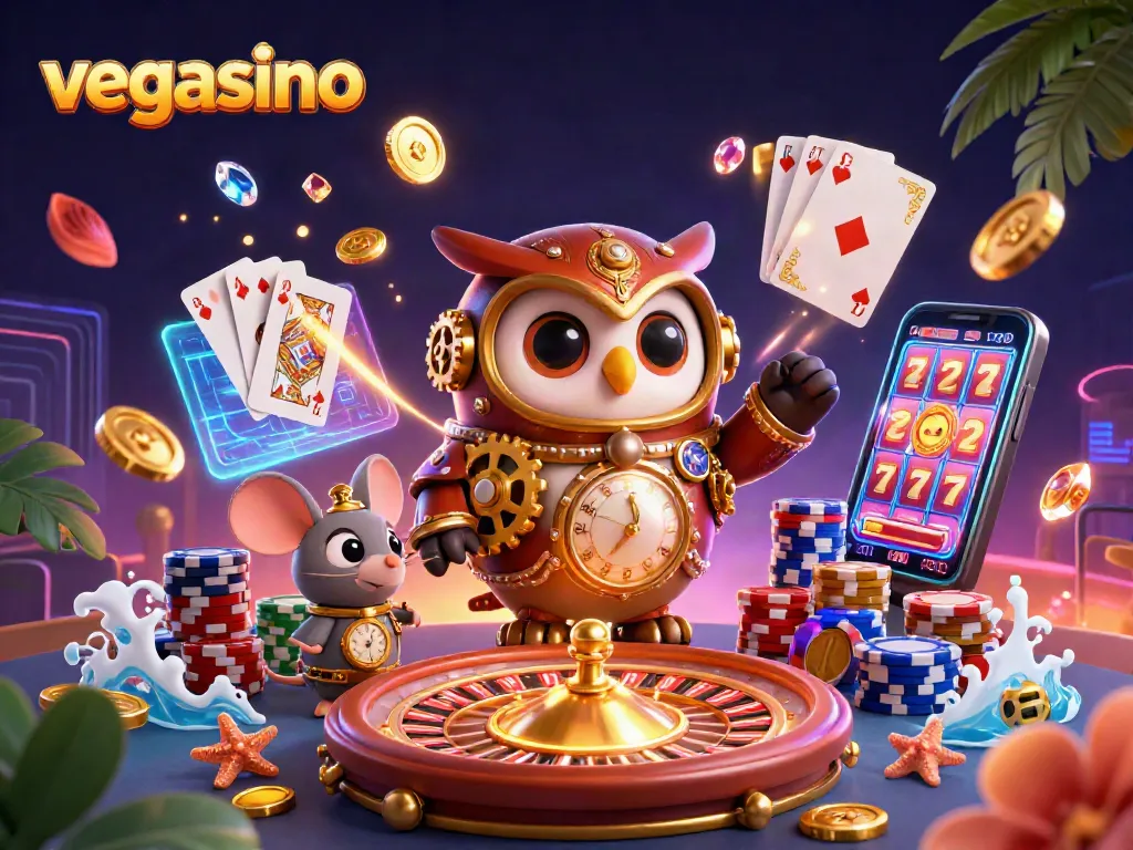 Engage with vegasino's vibrant casino atmosphere through this rich, 3D illustration.