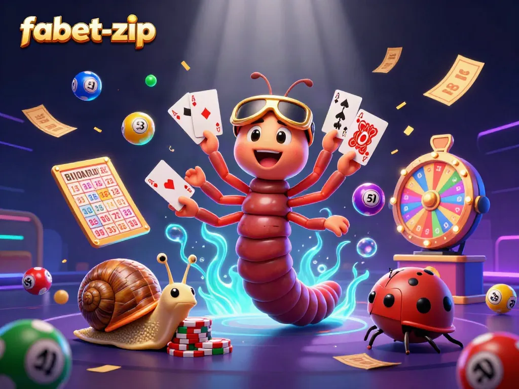 Engage with fabet-zip as a millipede dealer orchestrates a lively casino scene showcasing vibrant games and characters.