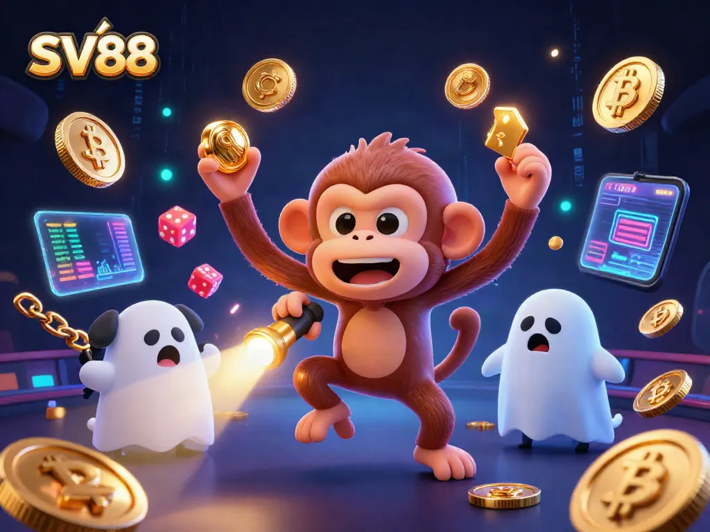 SV88's vibrant casino scene showcases a playful monkey juggling gold while a puppy tracks it, in a dynamic gaming atmosphere.