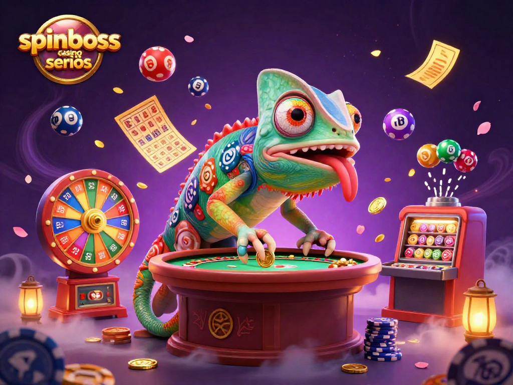 Spinboss Casino seriös: Eine 3D-Illustration mit bunten Glückselementen und einem Chamäleon-Casino-Besitzer.