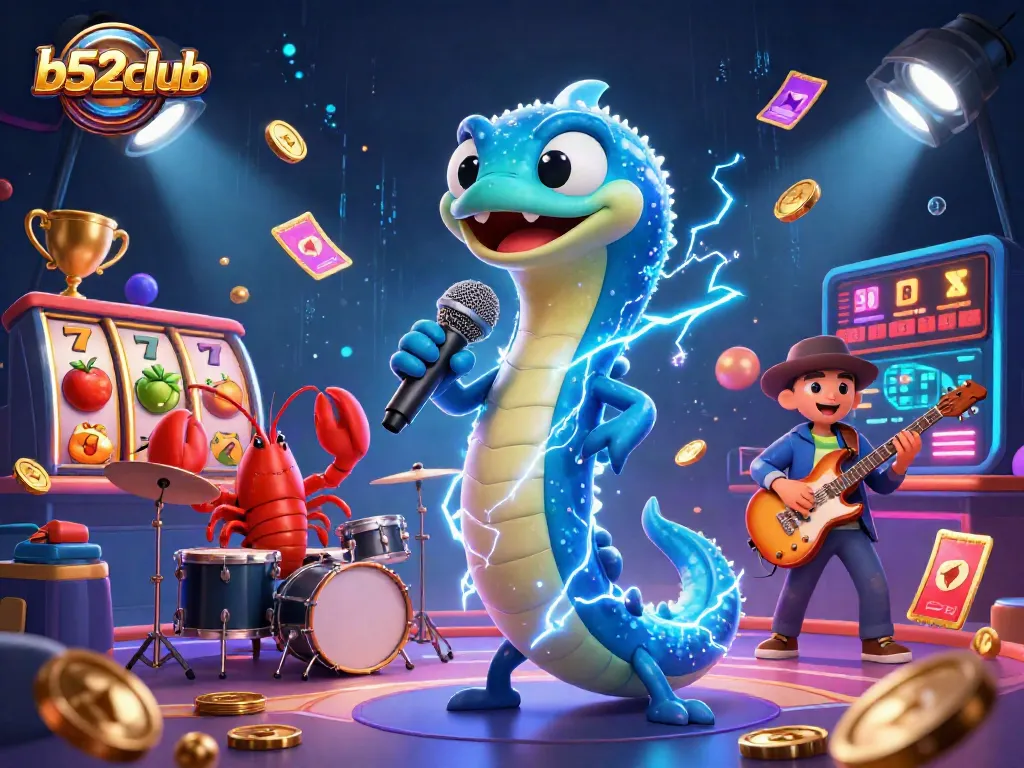 b52club showcases an electric eel DJ in an underwater casino with dynamic slot elements.