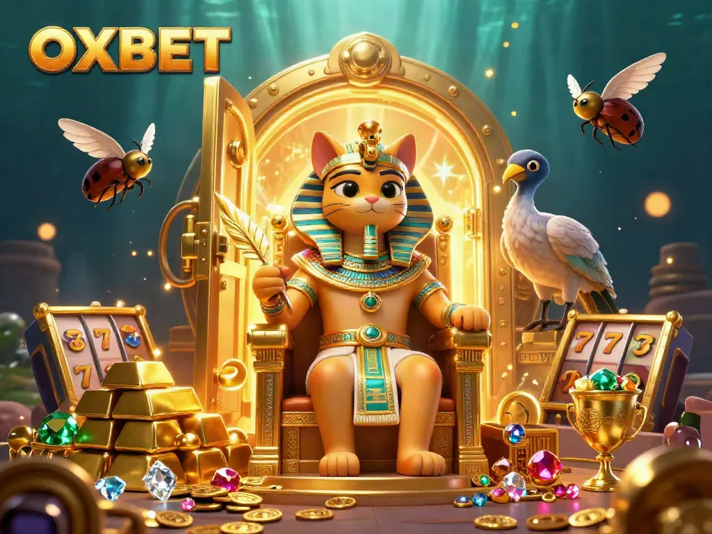Experience the vibrant world of OXBET with treasures and magical creatures in a lively casino scene.