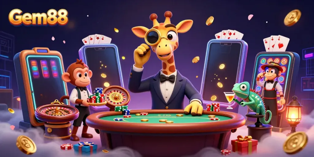 Experience vibrant gaming at Gem88 with a high-roller giraffe, monkey valet, and chameleon bartender, surrounded by casino elements.