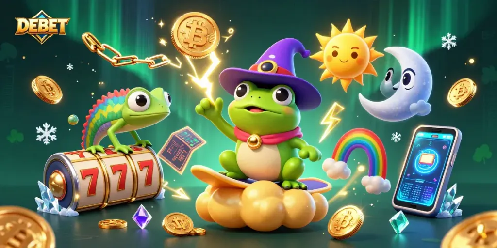 Play exciting DEBET casino games with a magical scene of a weather wizard frog and a rainbow chameleon.