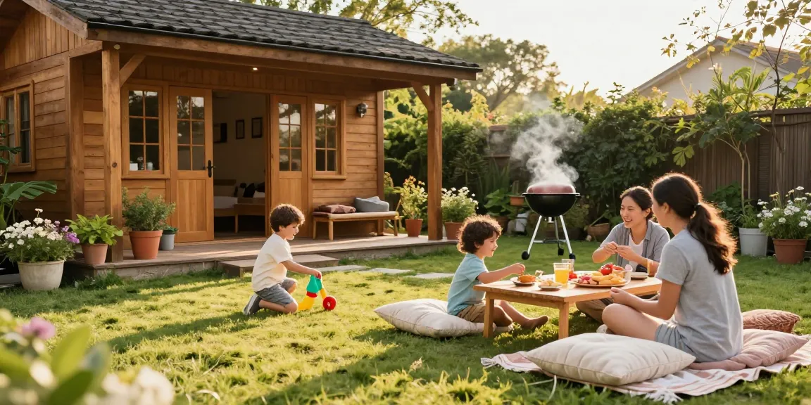 Familie genießt Zeit in ihrem Gartenhaus, das als Garten Haus gestaltet ist, umgeben von bunten Pflanzen und einem gemütlichen Ambiente.