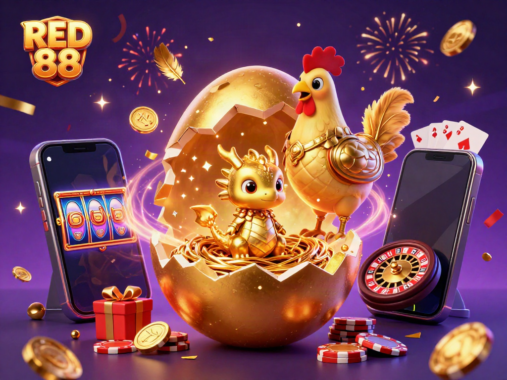 Immerse in the excitement of RED 88 with a vivid scene of a golden dragon and poker chips amidst animated casino elements.
