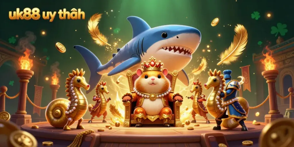 Engage with the spirited world of uk88 uy tín featuring a golden hamster king and aquatic guards in a vibrant casino scene.