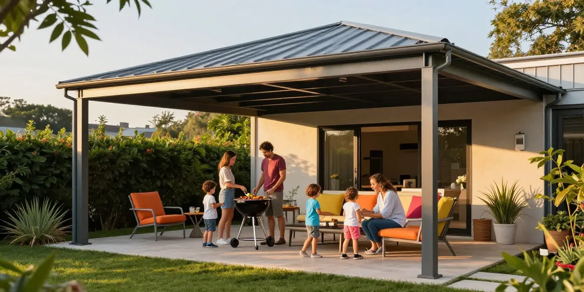 Moderne Terrassenüberdachung mit Familienfeier und Spielplatz im Garten.