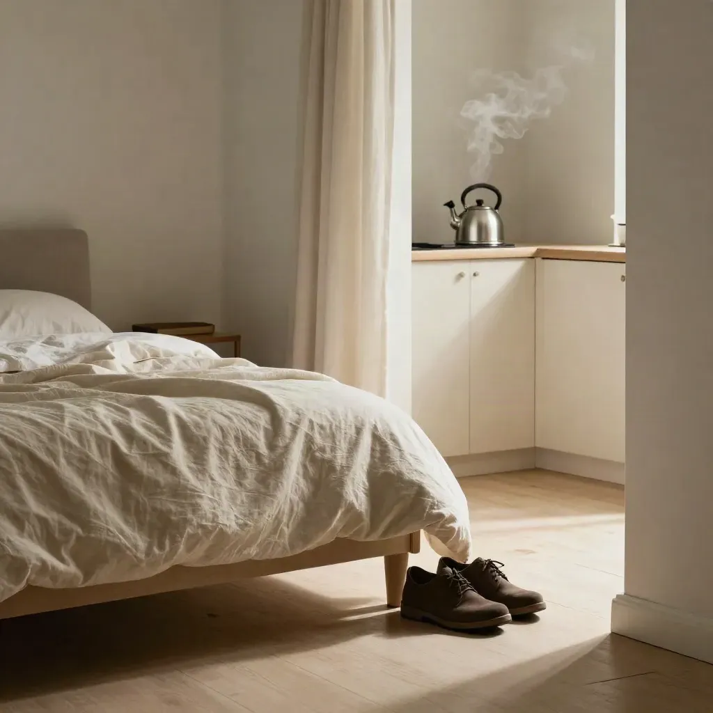 Gemachtes Bett, offene Vorhänge, Wasserkocher und Laufschuhe in einer ruhigen Morgenwohnung.