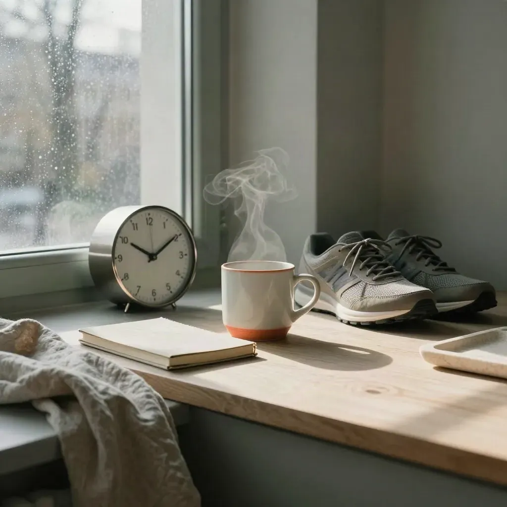 Berliner Loft mit Morgenroutine: Tasse, Uhr, Laufschuhe und Notizbuch am Fenster.