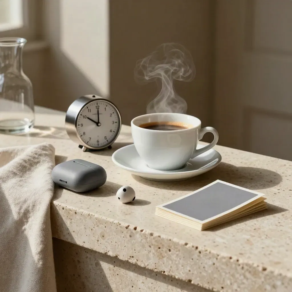 Espressotasse, Timer und Kopfhörer-Case auf Travertin im Morgenlicht.