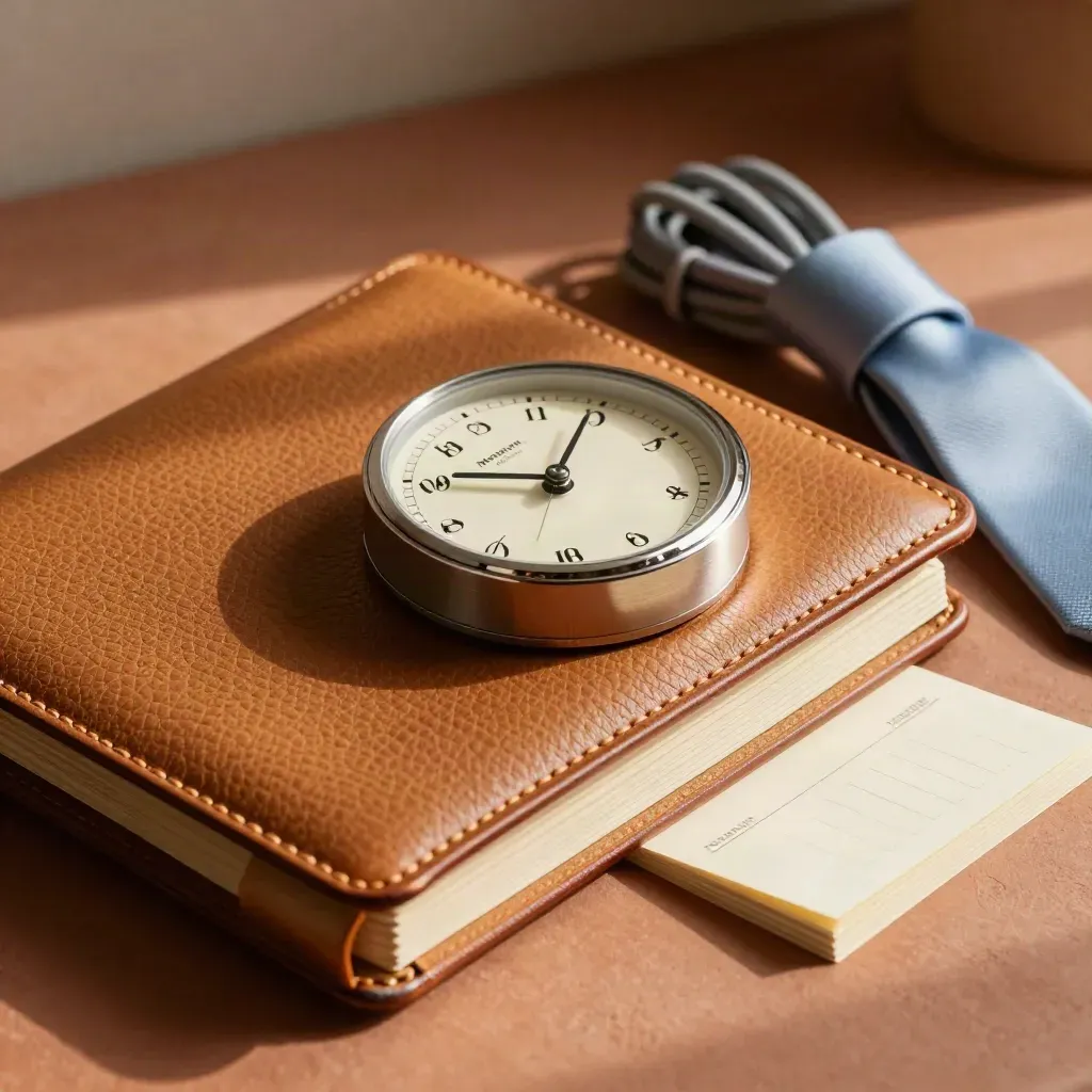 Leder-Folio, Uhr und Kabelorganizer in warmer Home-Office-Ecke bei Morgenlicht.