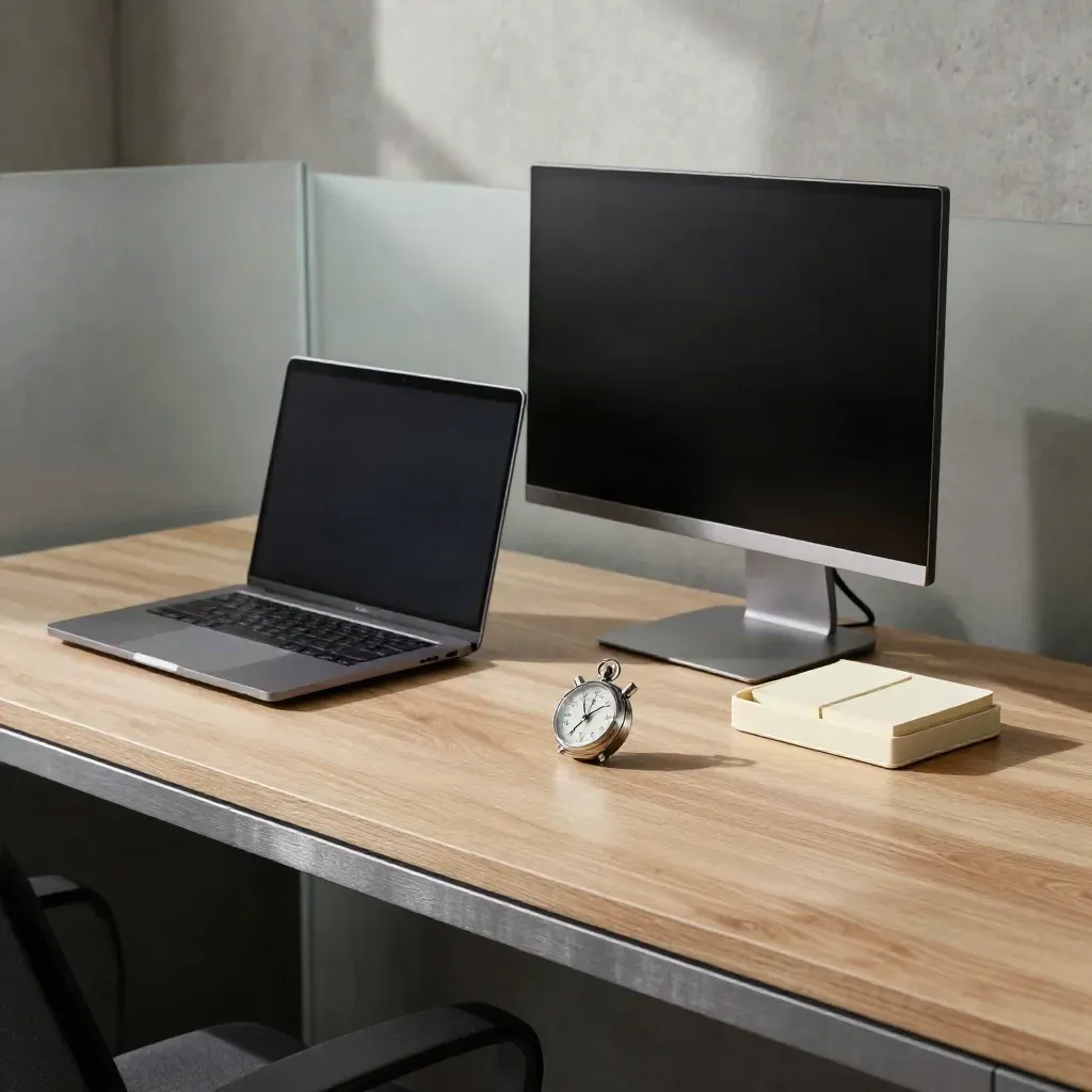Moderner Sales-Arbeitsplatz mit Laptop, Monitor, Stoppuhr und Kartenhalter im Morgenlicht.