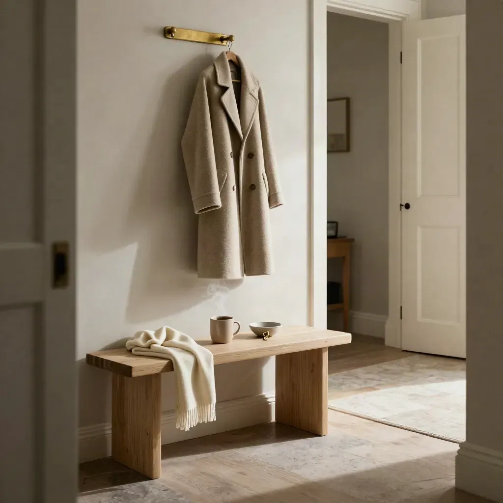 Eingangsbank mit Mantel, Schale mit Schlüsseln und dampfendem Kaffee im Morgenlicht.