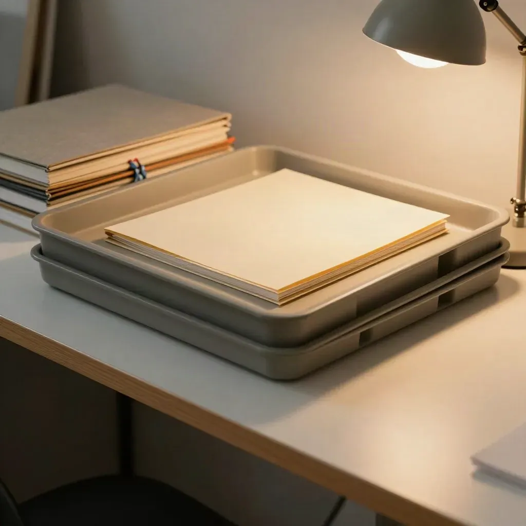 Ordentliche Agenturecke mit Ablagefächern, geschlossenen Skizzenbüchern und warmer Lampe