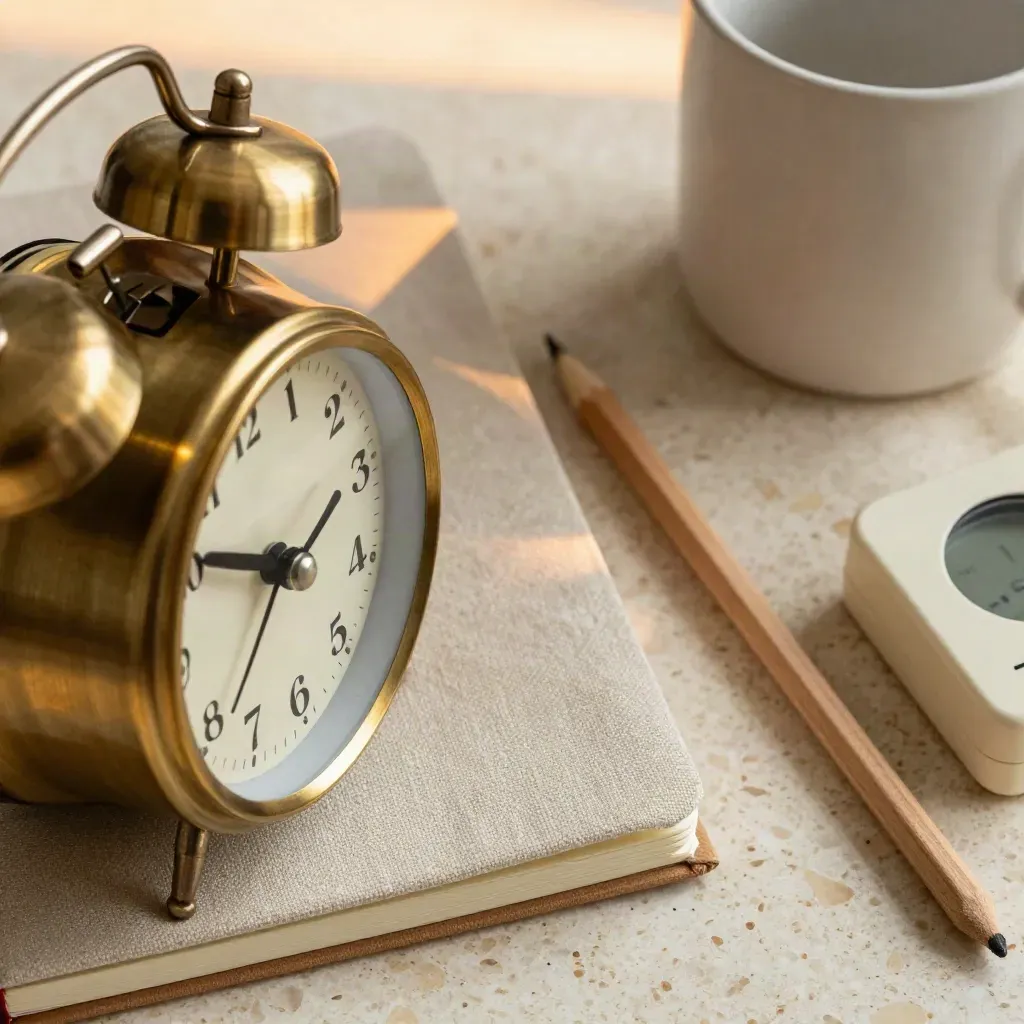 Brassener Wecker, Leinennotizbuch, Tasse und Timer auf Travertin im Morgenlicht.