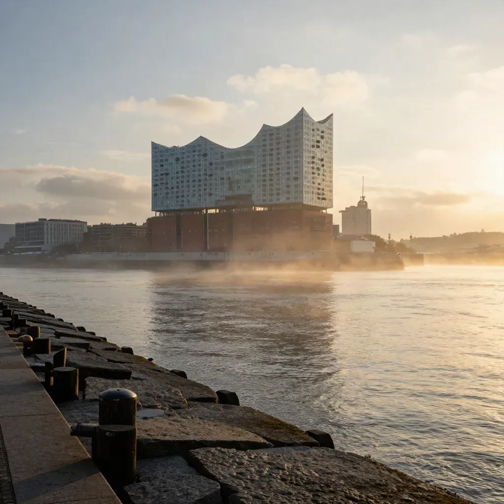 Hamburgs Hafen im goldenen Morgenlicht mit Elbphilharmonie und Nebel über ruhigem Wasser.