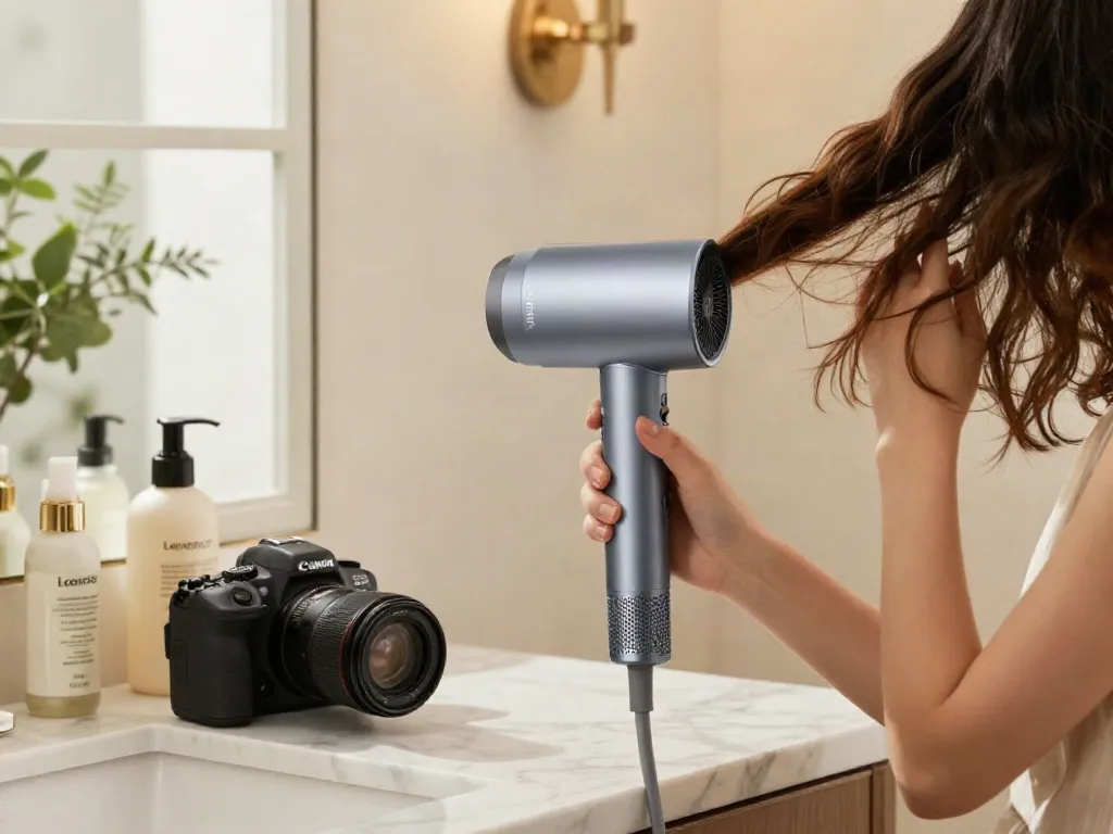 Laifen Air Pro Haartrockner gegen Frizz in stilvollem Badezimmer, professionelle Haartrocknung.