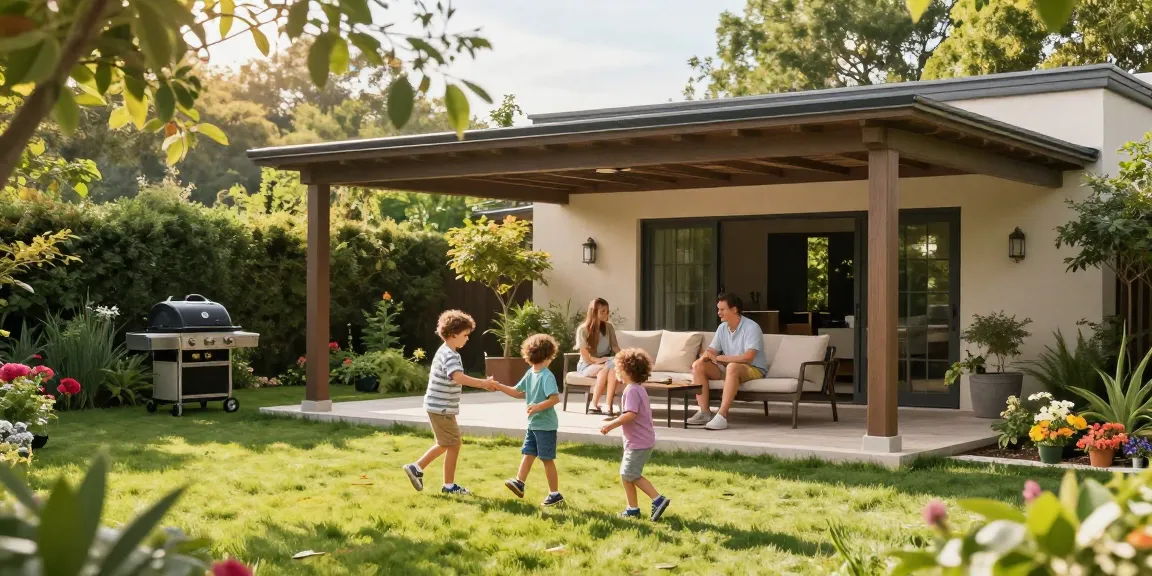 Freistehende Terrassenüberdachung im Garten, Familie genießt sonnigen Nachmittag.