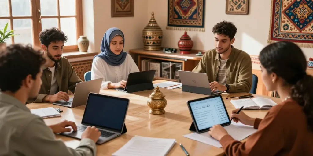 Arabisch lernen in Marokko in einem modernen Klassenzimmer mit interaktiver Technologie.