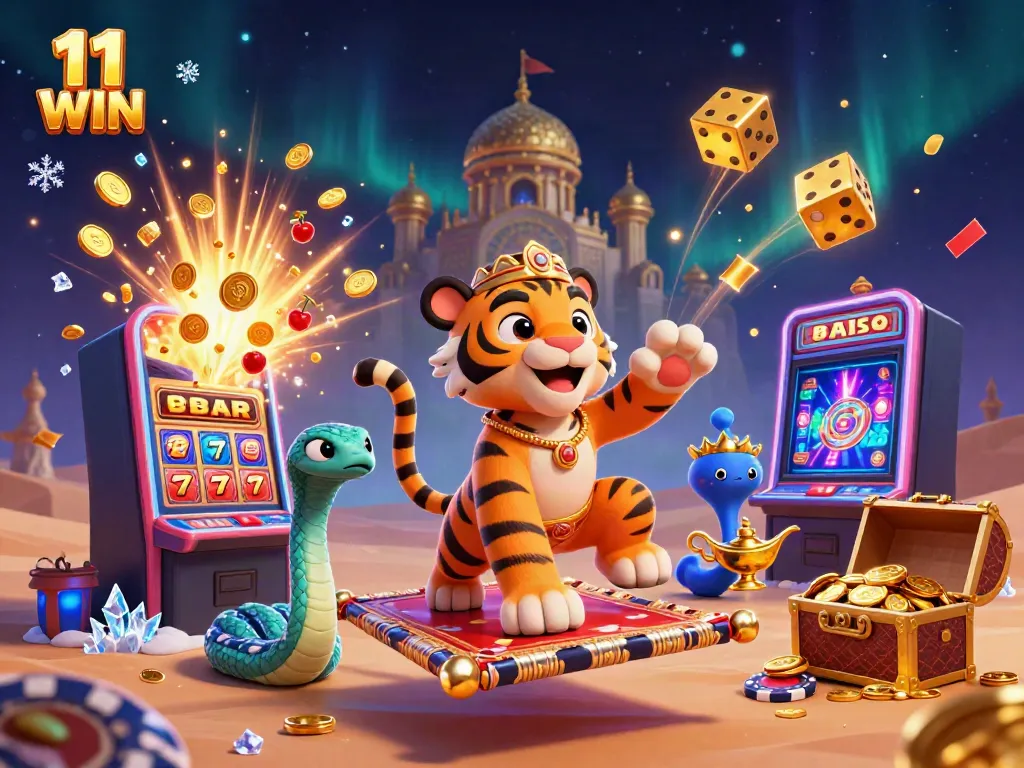 Experience the adventure of 11 WIN with a fantastical scene featuring vibrant casino elements.