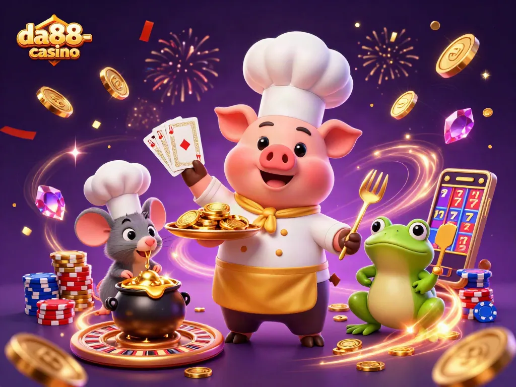 Experience the excitement of da88-casino with a vibrant scene of animated characters celebrating winnings.