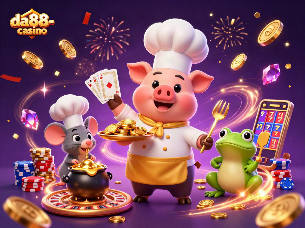 Experience the excitement of da88-casino with a vibrant scene of animated characters celebrating winnings.