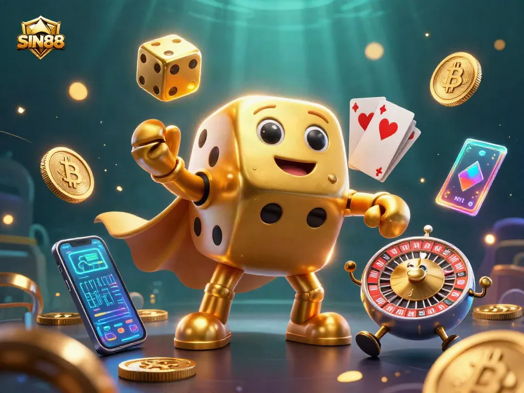 Experience excitement with SIN88 at the vibrant casino, featuring interactive golden dice and glowing crypto elements.