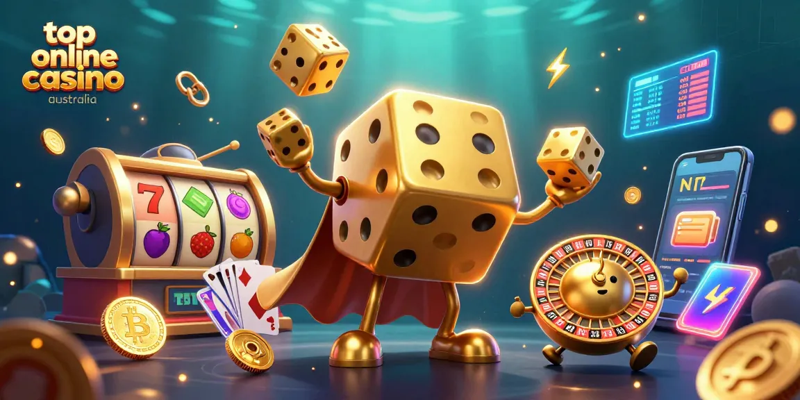 Explore the vibrant scene of the top online casino Australia, featuring golden dice and slot elements.