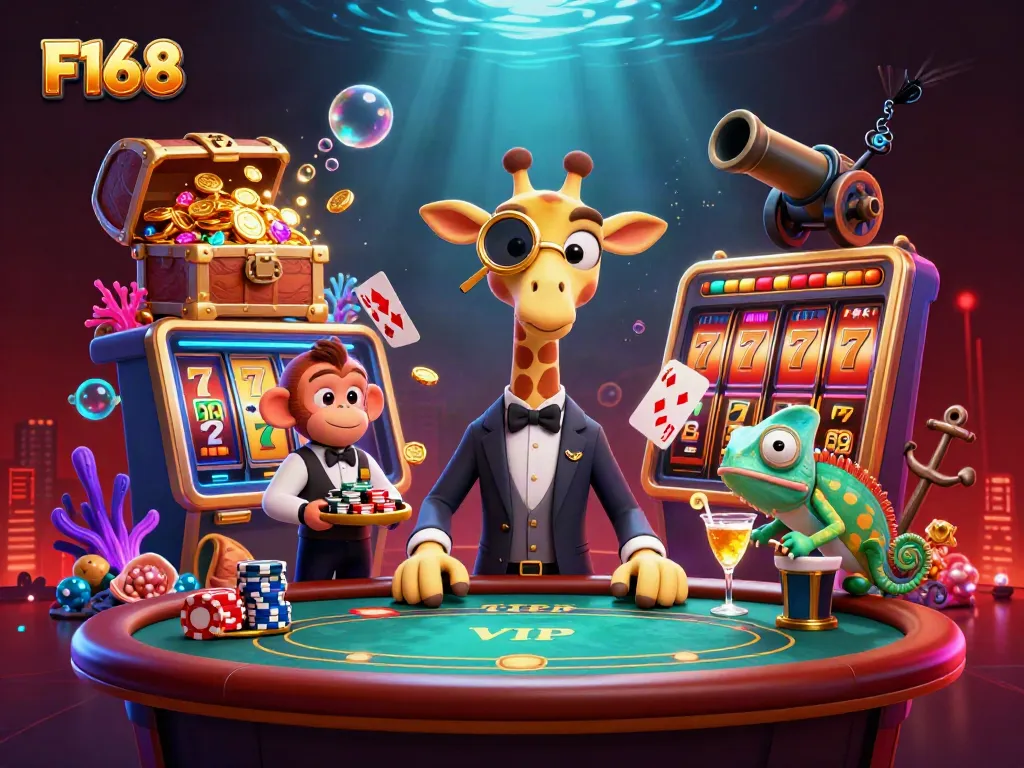 Experience F168's dynamic casino thrills with vibrant 3D cartoon characters and interactive game elements.
