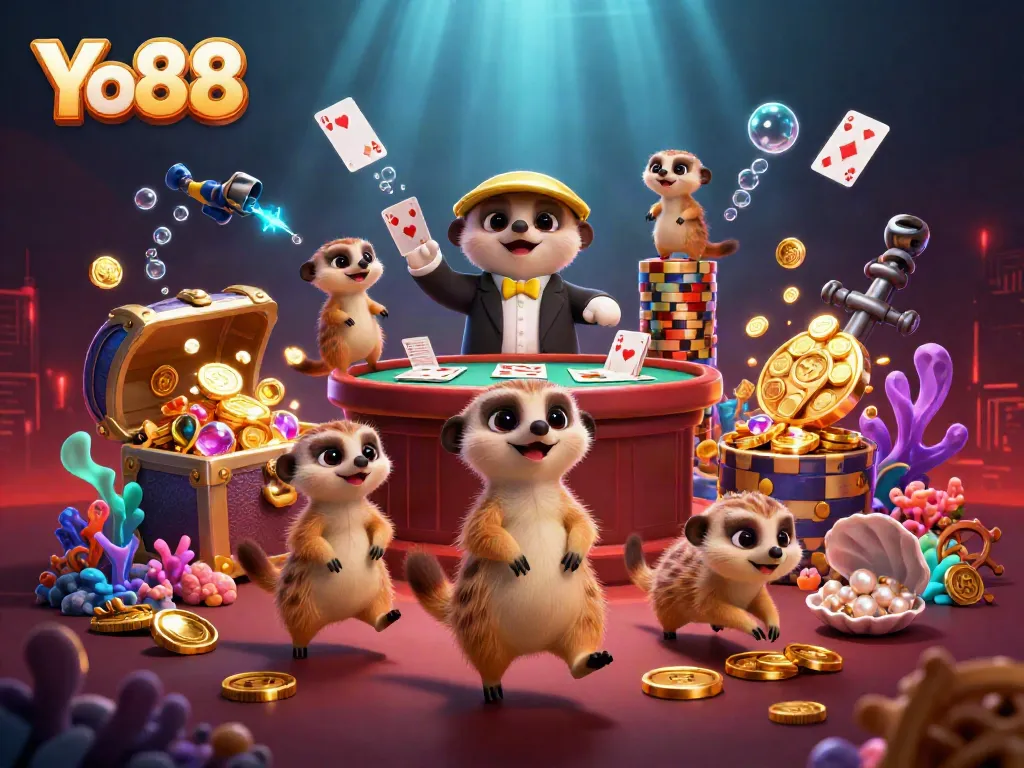 Yo88 meerkats managing an exciting casino environment filled with dynamic elements and vibrant treasures.