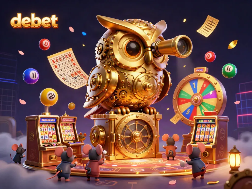 Engage with debet games featuring a clockwork owl surveying players at a vibrant casino floor.