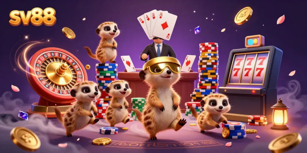Experience the excitement with sv88's meerkat casino scene featuring cards, chips, and gold!