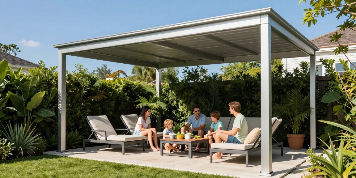 Moderne Terrassenüberdachungen im Garten mit Familie und Loungemöbeln.